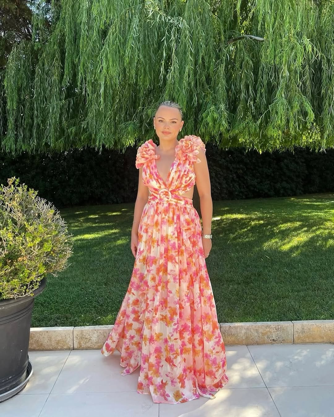 Chiffon Cut-Out Maxi Dress With Lace-Up Back