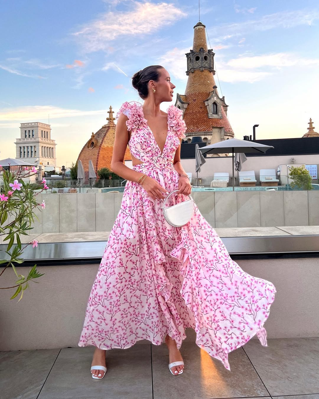 Chiffon Cut-Out Maxi Dress With Lace-Up Back