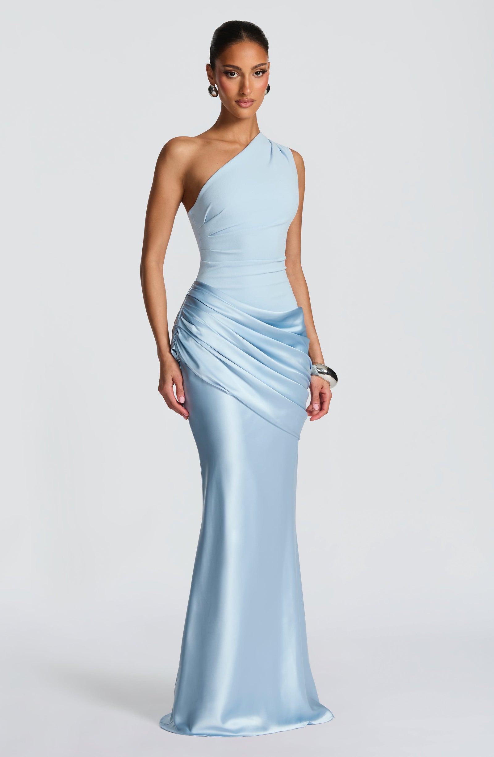 One-Shoulder Satin Maxi Dress with Pleated Skirt