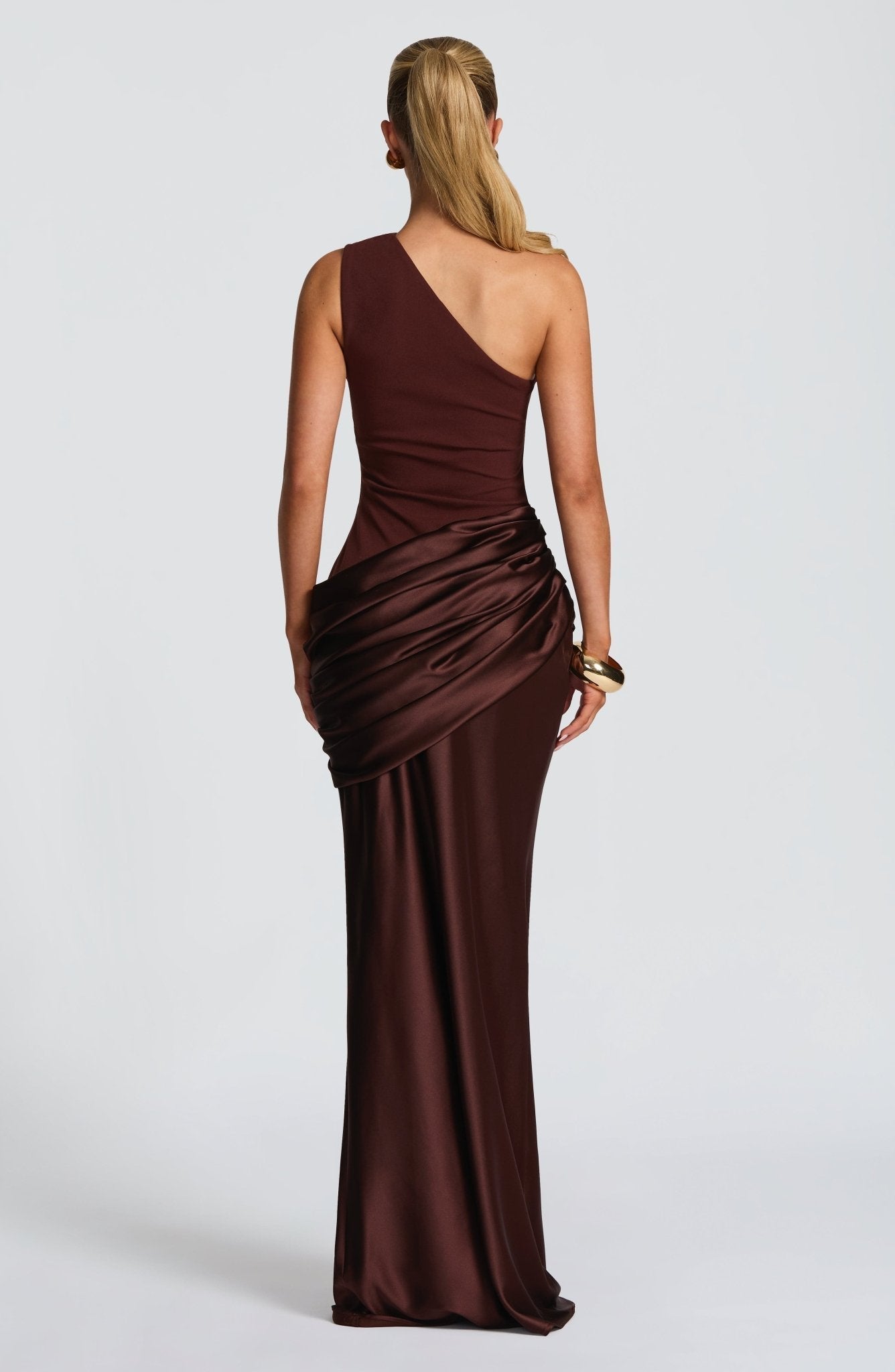One-Shoulder Satin Maxi Dress with Pleated Skirt