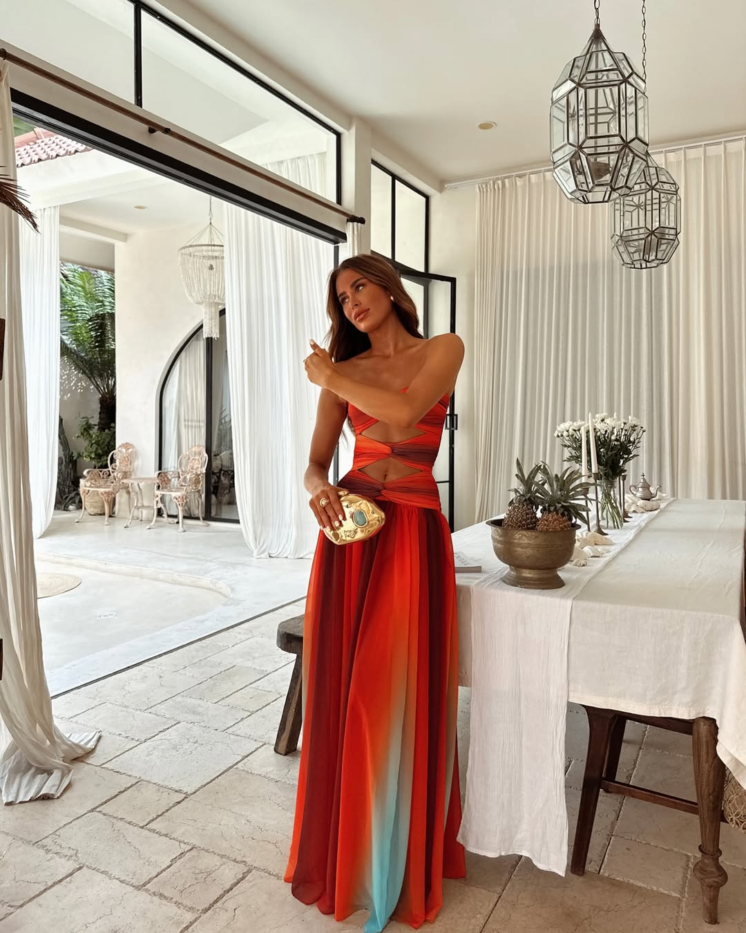 Strapless A-Line Maxi Dress With Mesh Cut-Out Detail