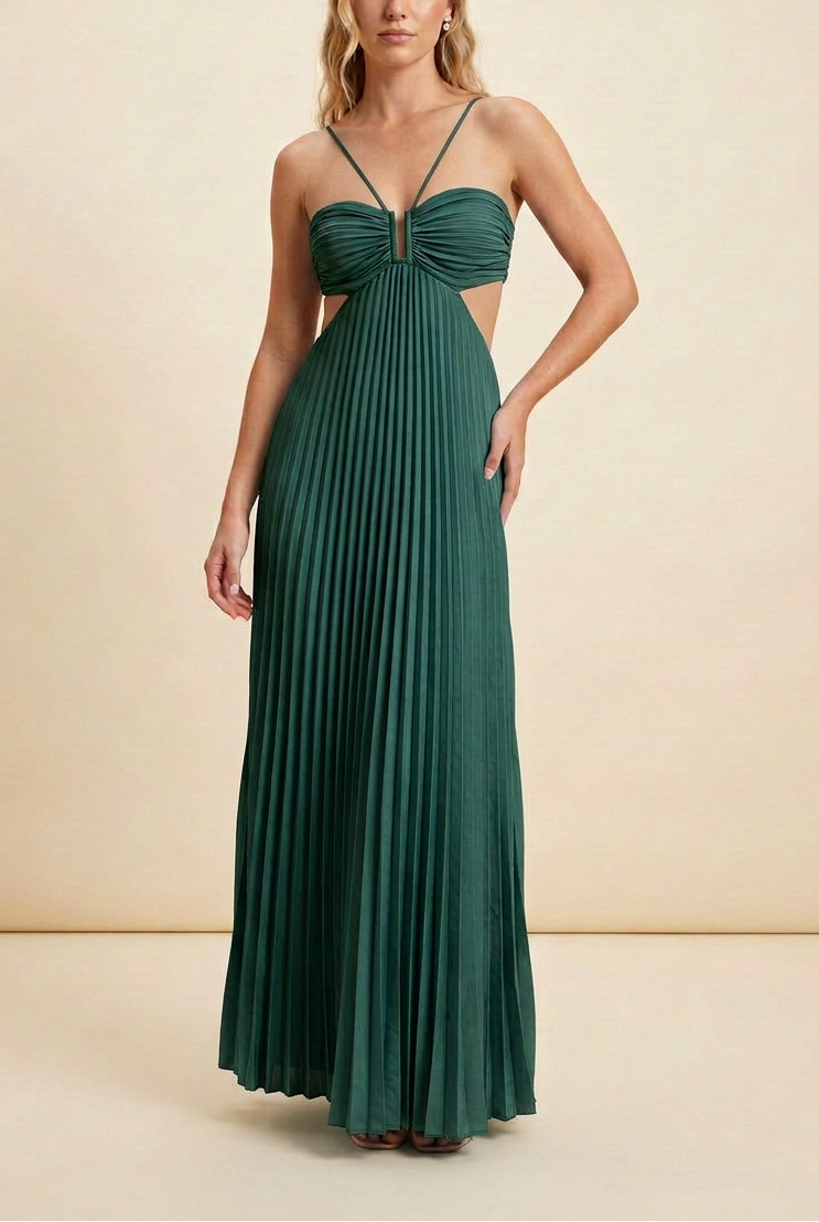 Halter Neck Pleated Satin Open-Back Maxi Dress