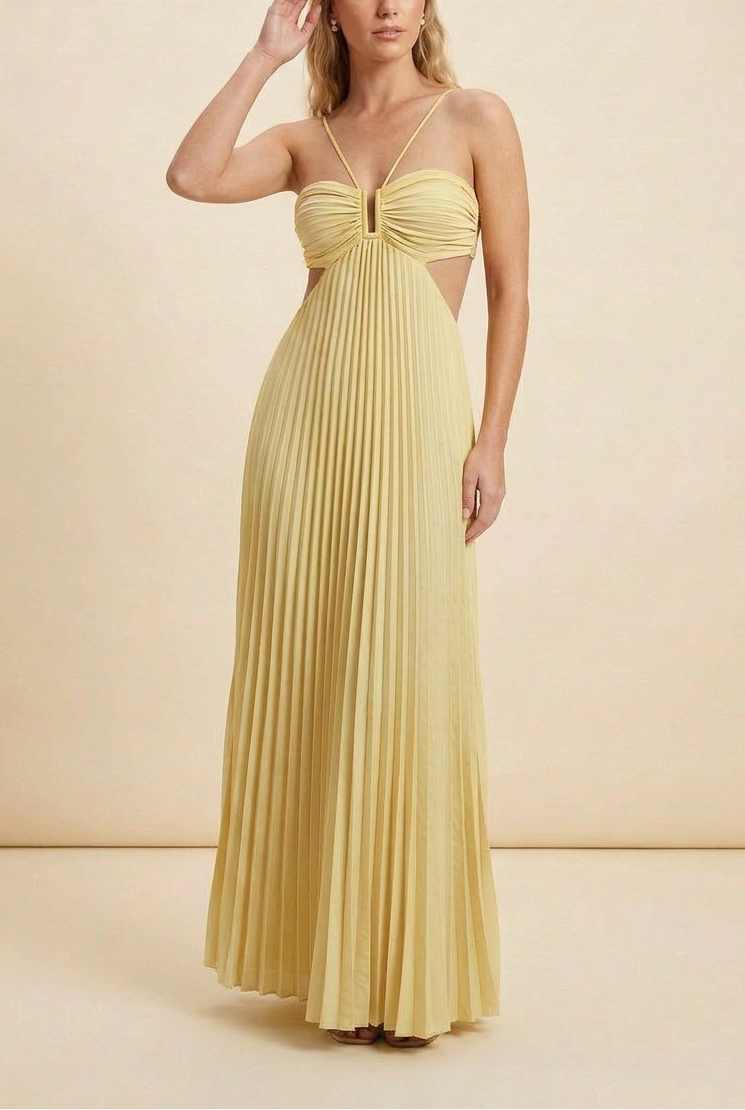 Halter Neck Pleated Satin Open-Back Maxi Dress