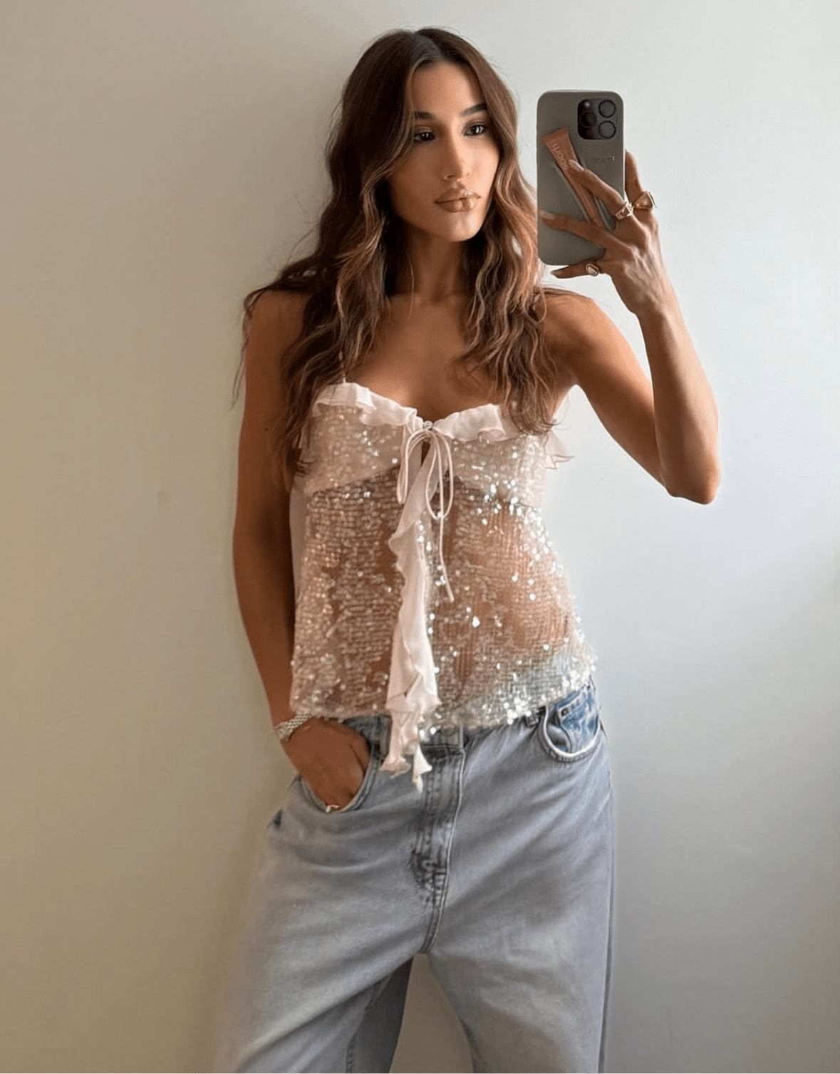 Ruffled Sequin Party Top with Bow Detail