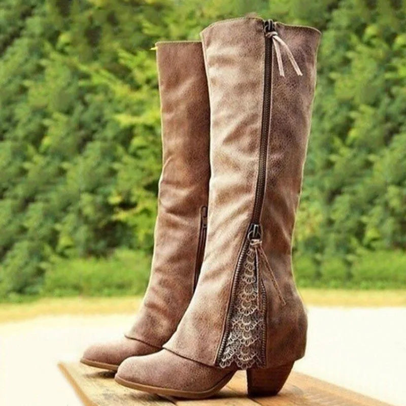 Lace Detail Knee-High Block Heel Boots