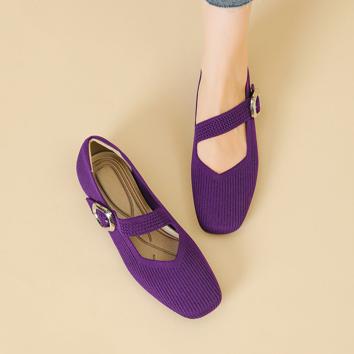 Orthopaedic Mary Jane Flats with Square Toe and Breathable Knit