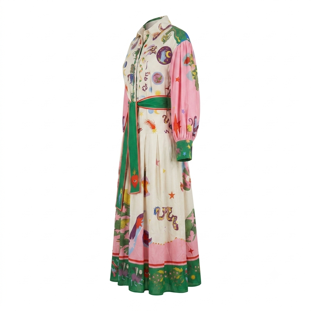 Vintage Print Ankle Length Midi Dress