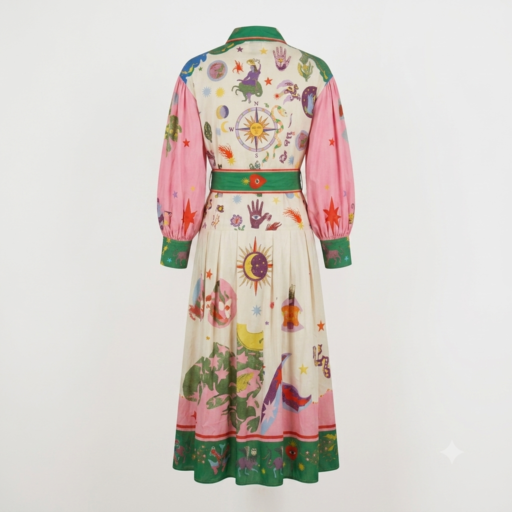 Vintage Print Ankle Length Midi Dress