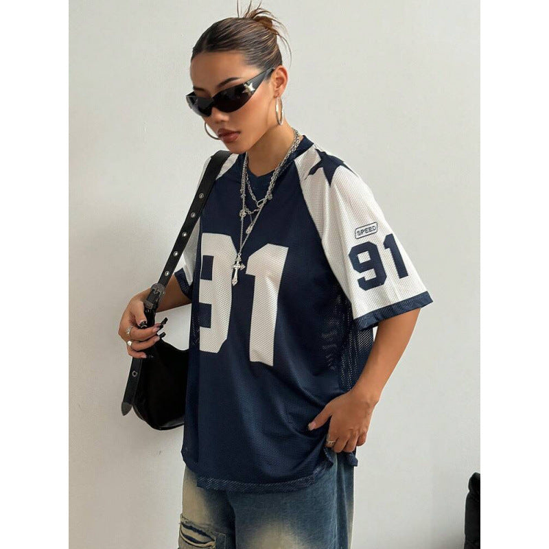 Oversized Varsity Number Print Jersey Top