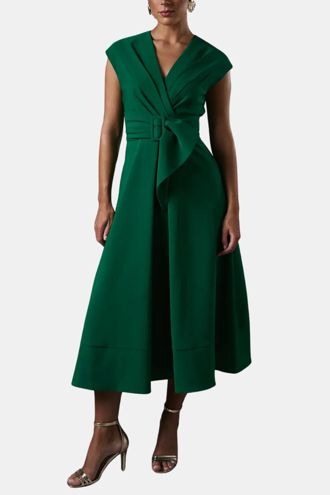 Women's Belted V-Neck Crepe Midi Dress