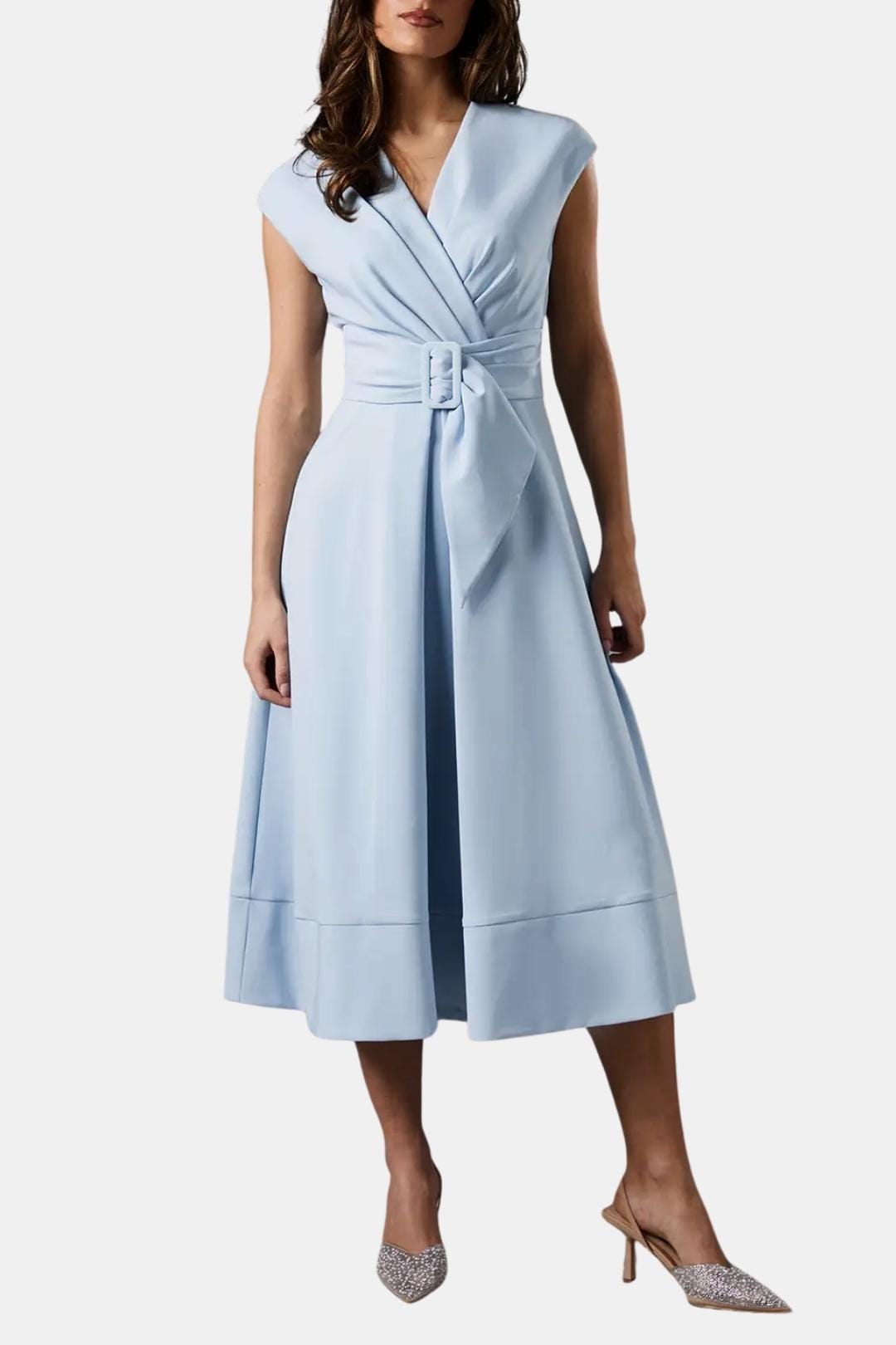Women's Belted V-Neck Crepe Midi Dress