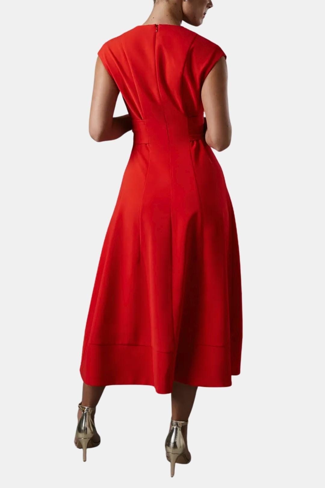 Women's Belted V-Neck Crepe Midi Dress