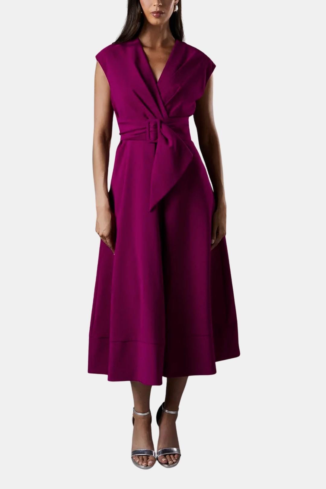 Women's Belted V-Neck Crepe Midi Dress