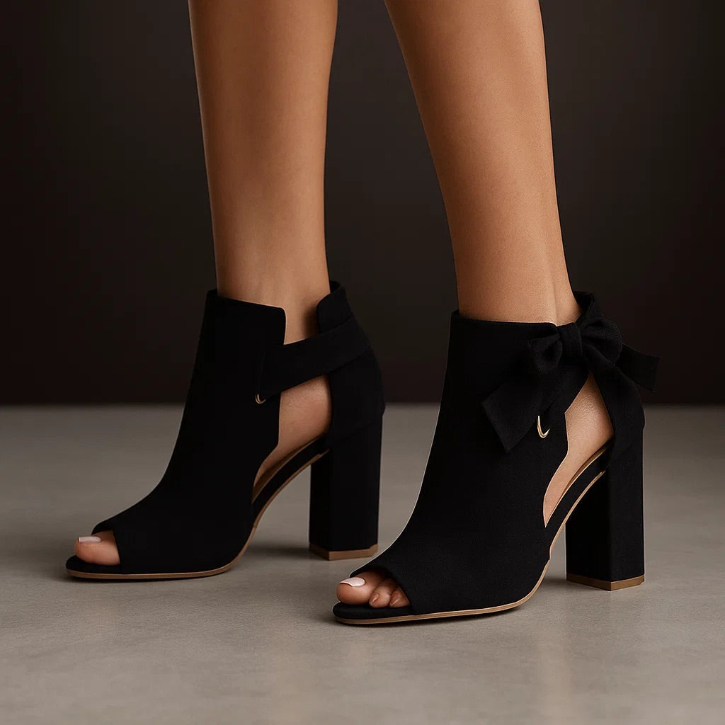 Suede Block Heel Sandals with Ankle Bow Detail