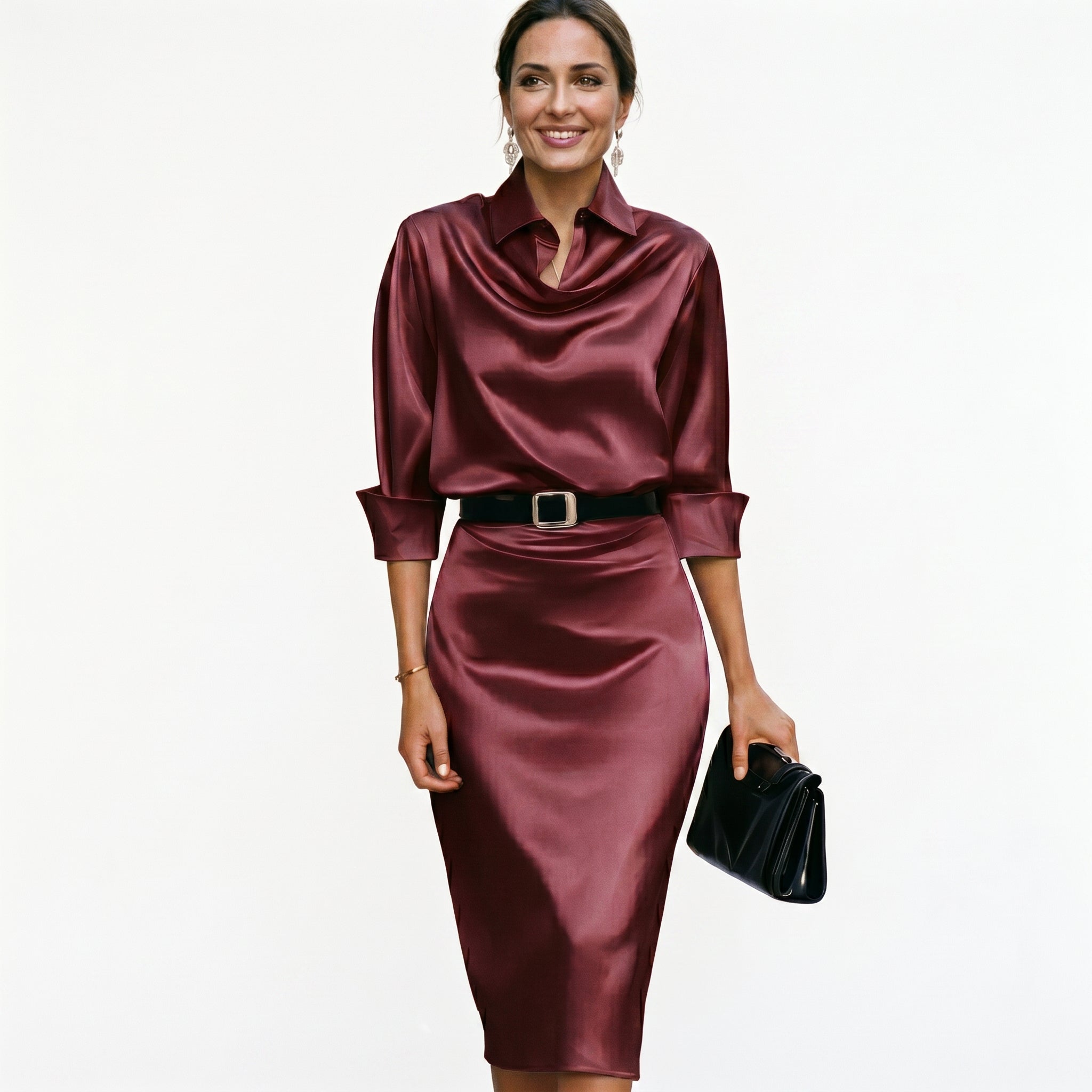 Katherine Draped Collar Satin Midi Dress
