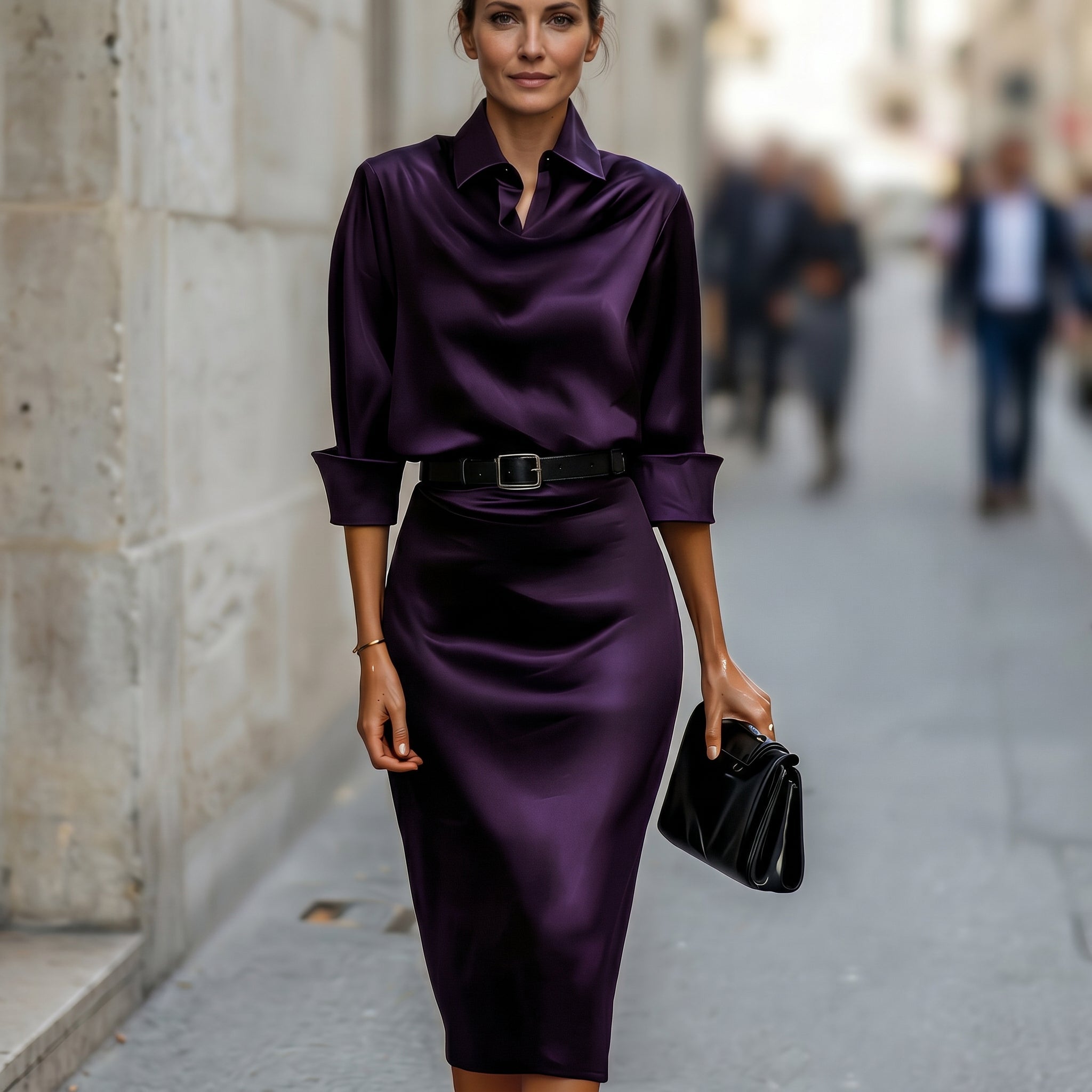 Katherine Draped Collar Satin Midi Dress