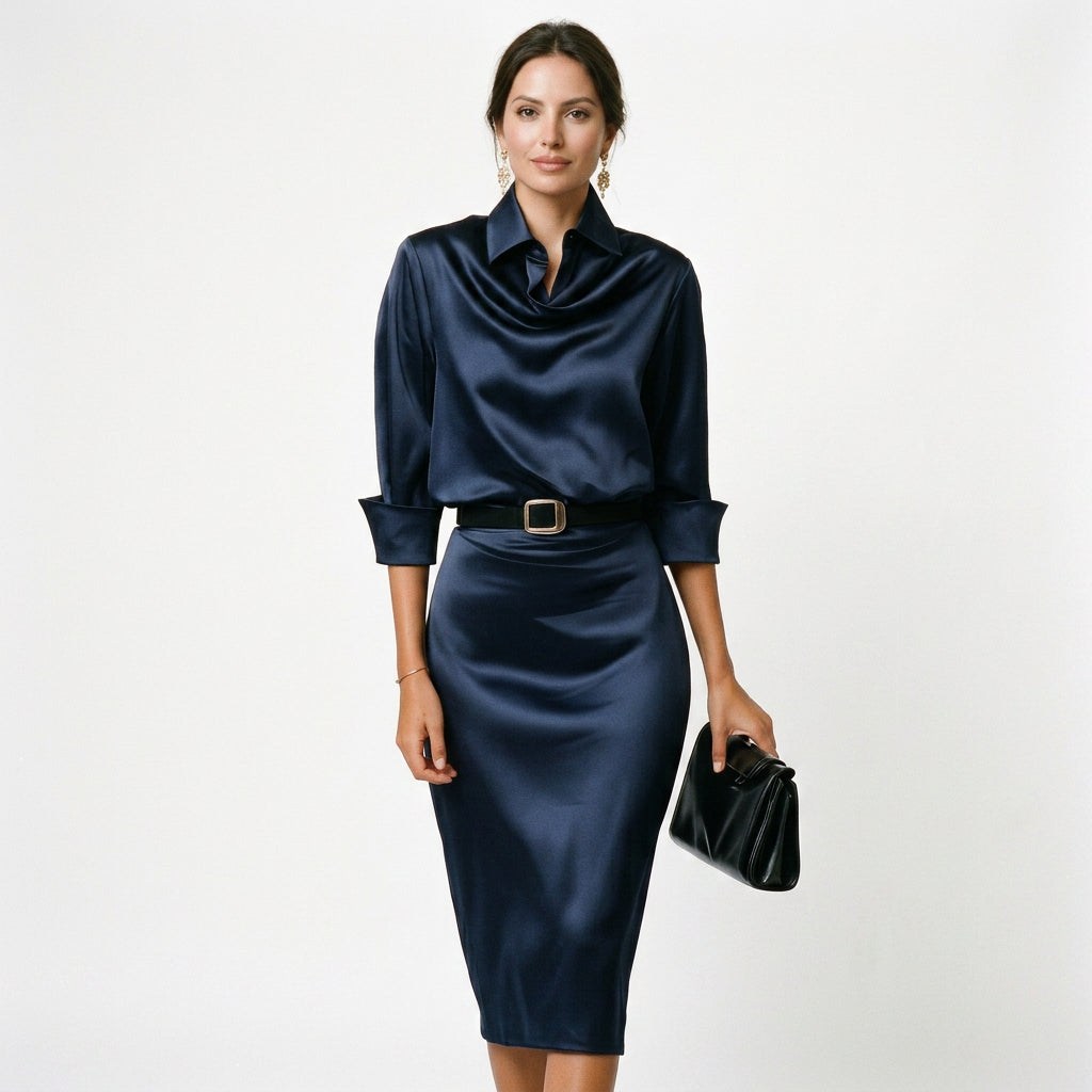 Katherine Draped Collar Satin Midi Dress