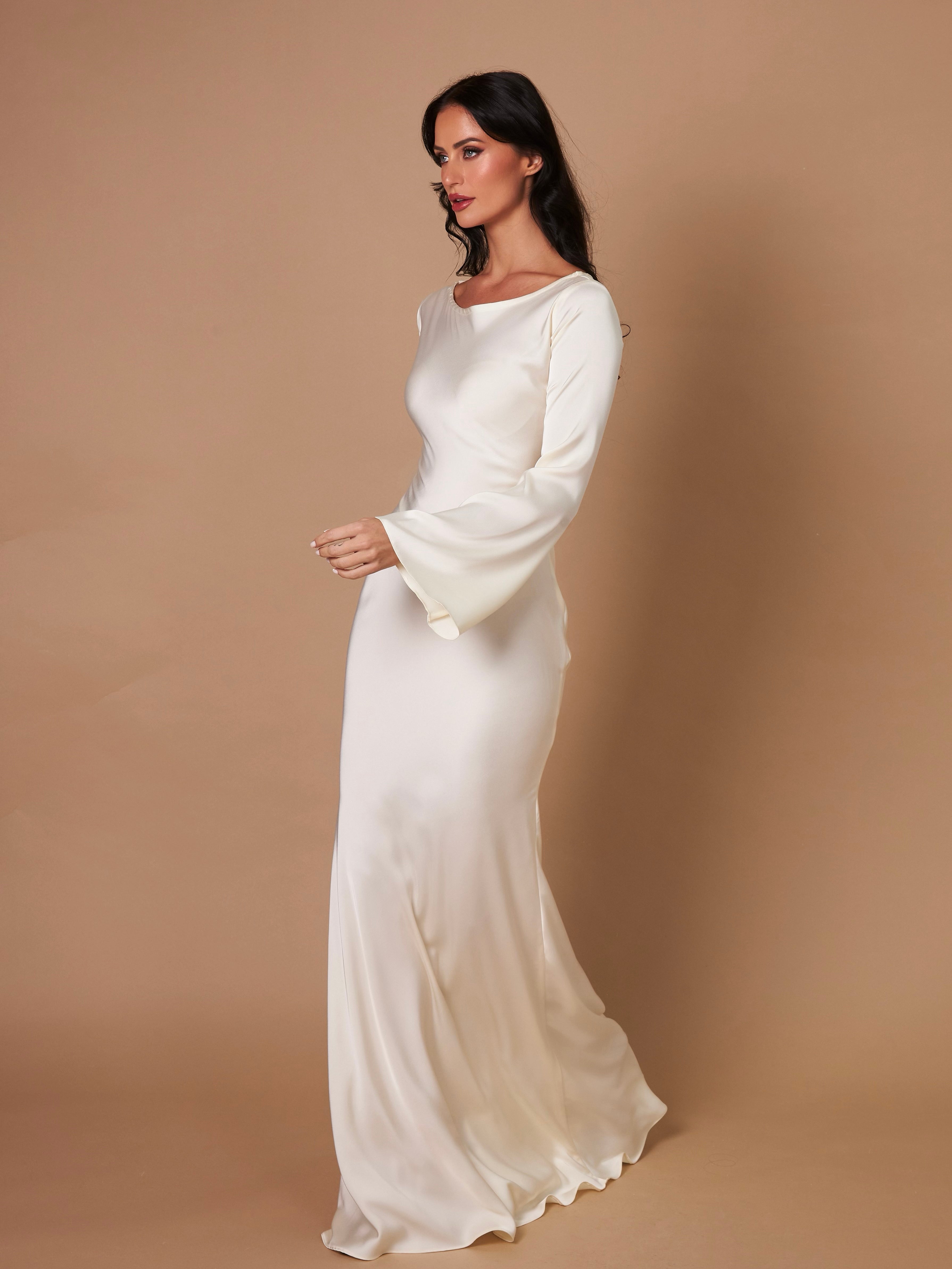 Long Sleeve Satin Empire Waist Maxi Dress