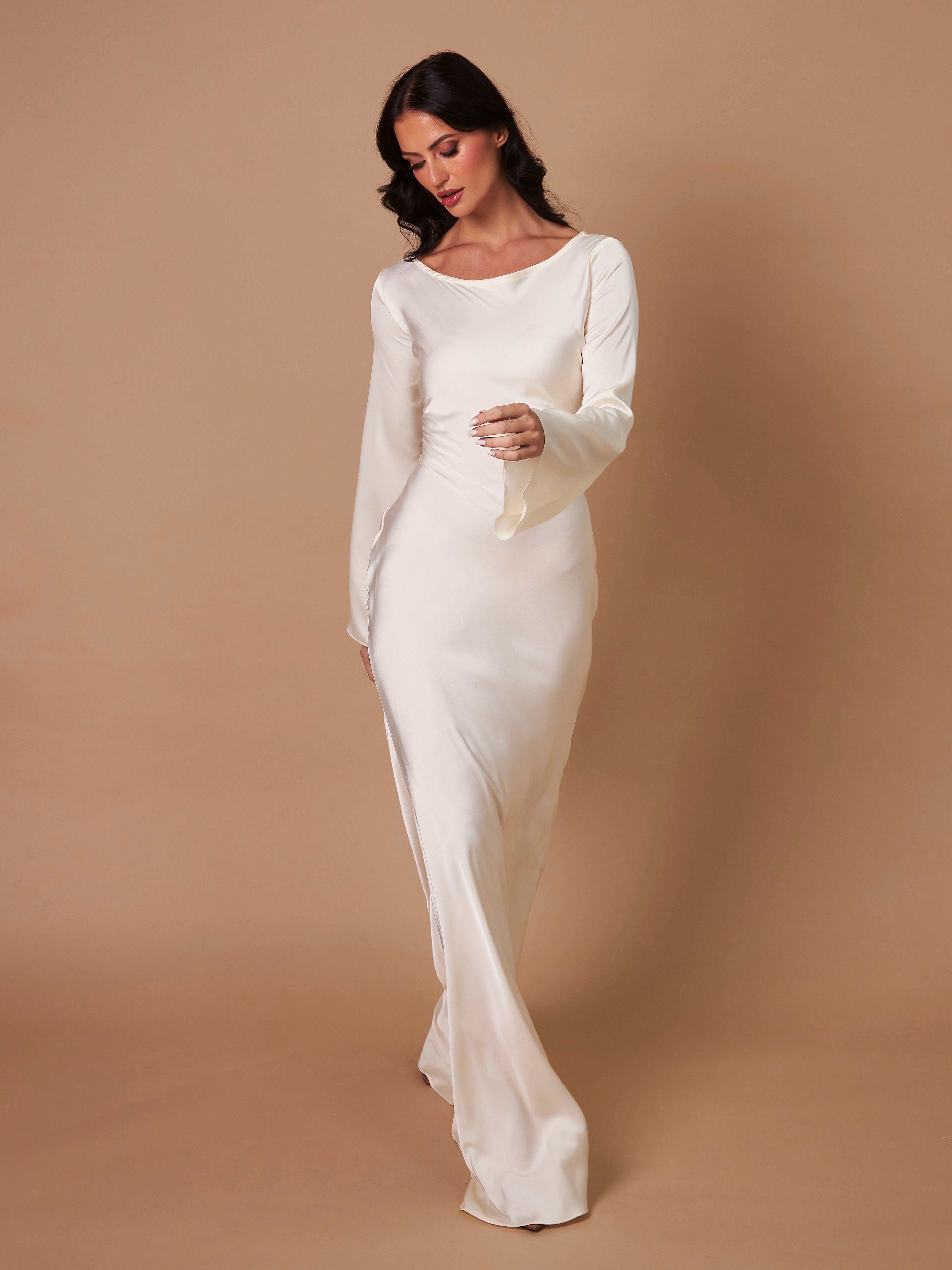 Long Sleeve Satin Empire Waist Maxi Dress