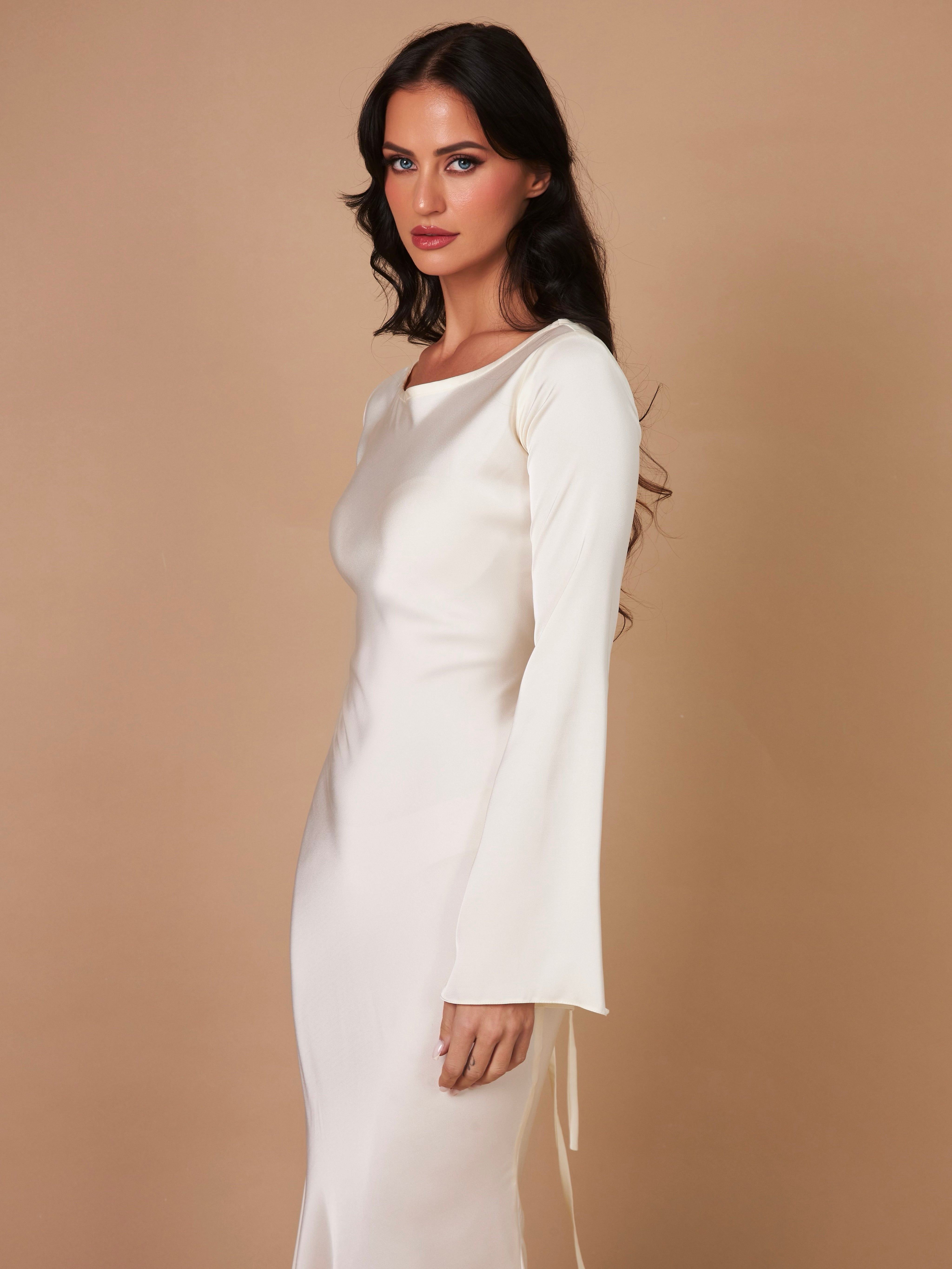 Long Sleeve Satin Empire Waist Maxi Dress