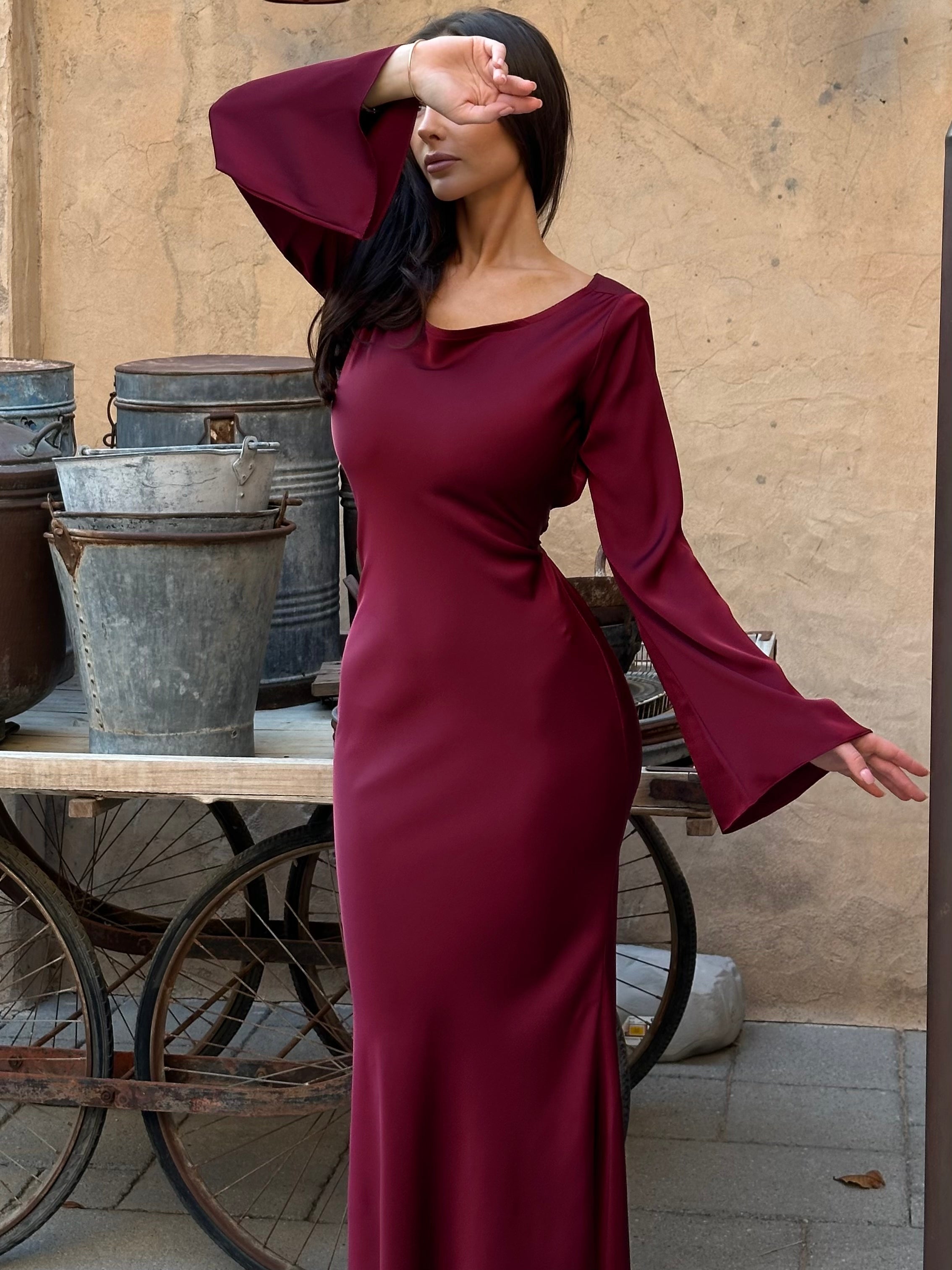 Long Sleeve Satin Empire Waist Maxi Dress