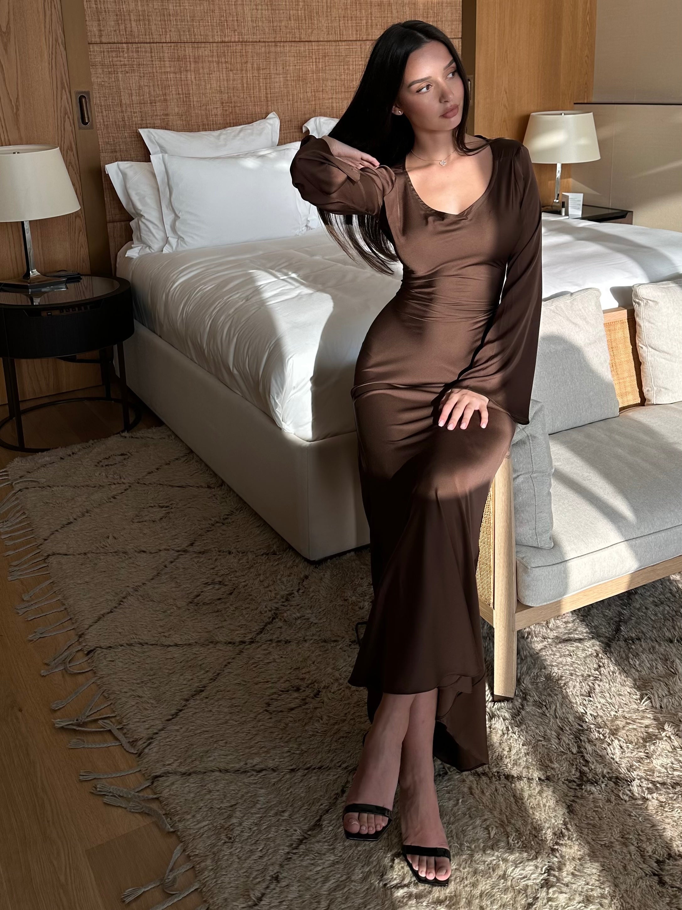 Long Sleeve Satin Empire Waist Maxi Dress