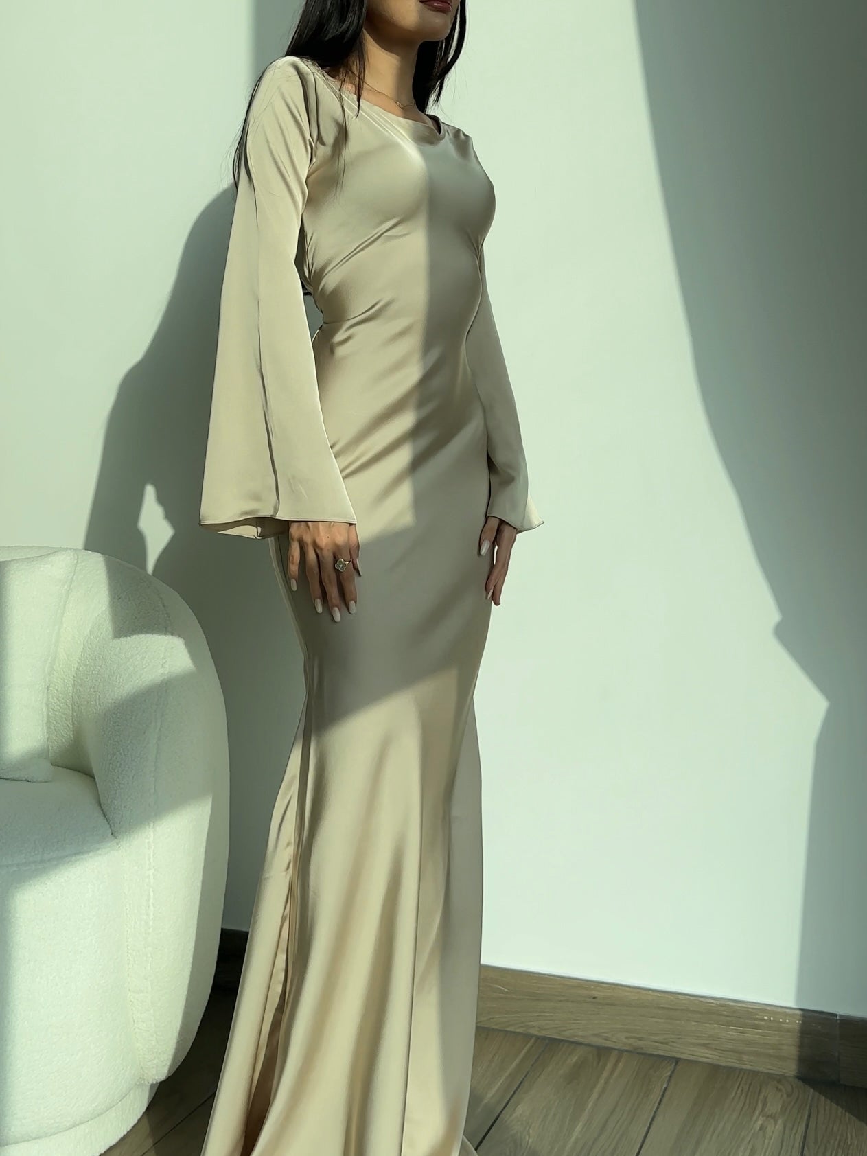 Long Sleeve Satin Empire Waist Maxi Dress