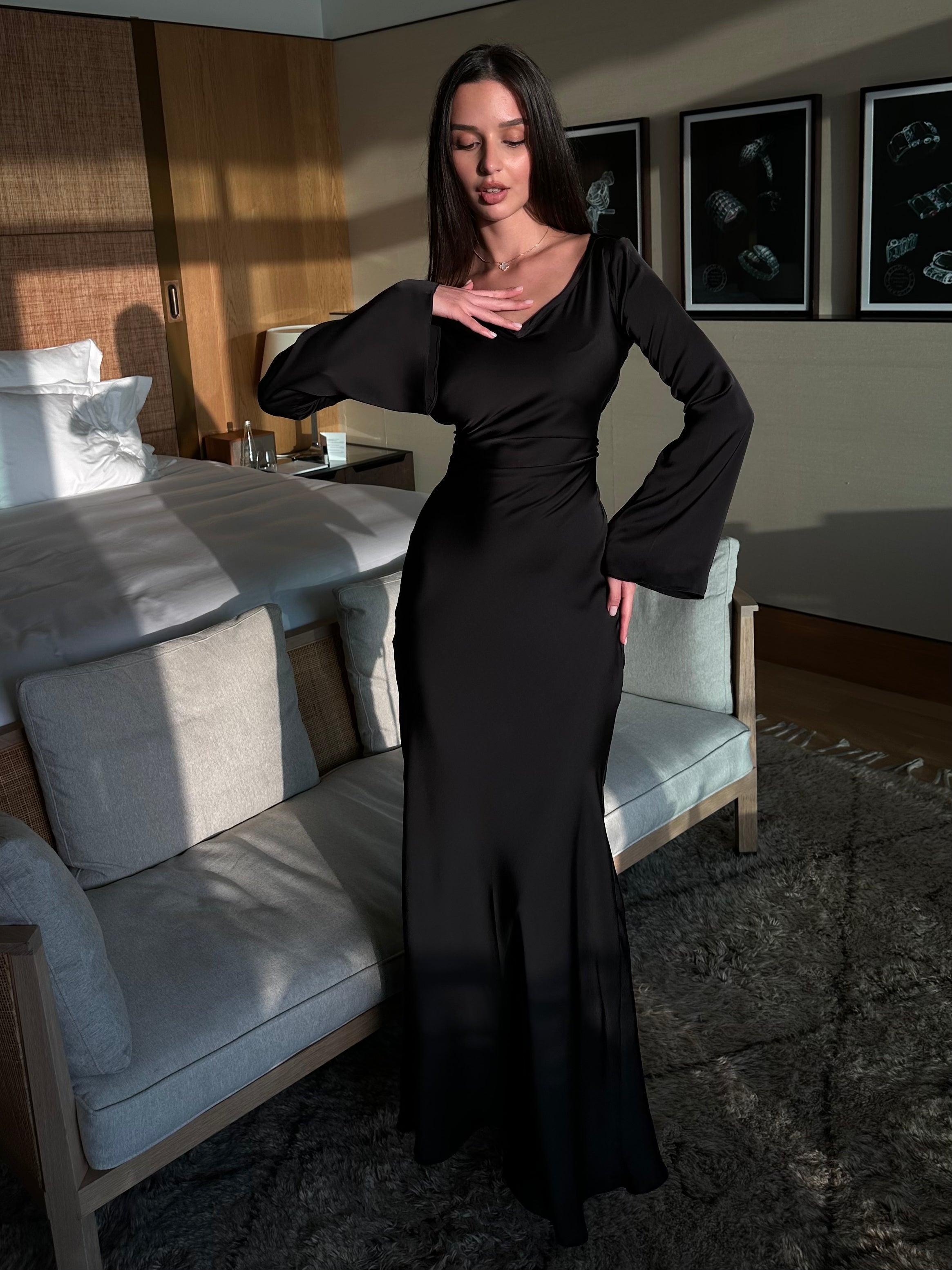 Long Sleeve Satin Empire Waist Maxi Dress