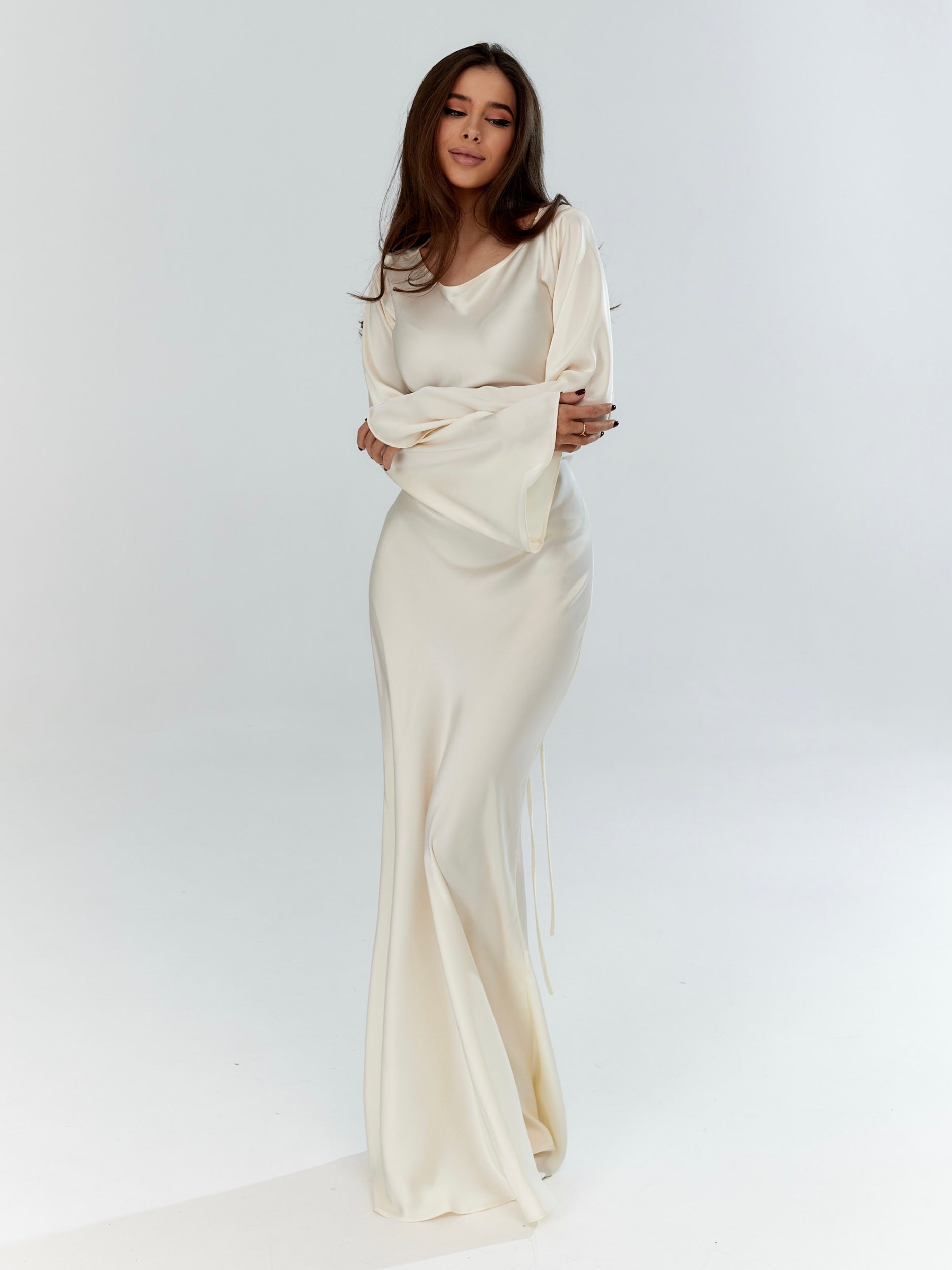 Long Sleeve Satin Empire Waist Maxi Dress