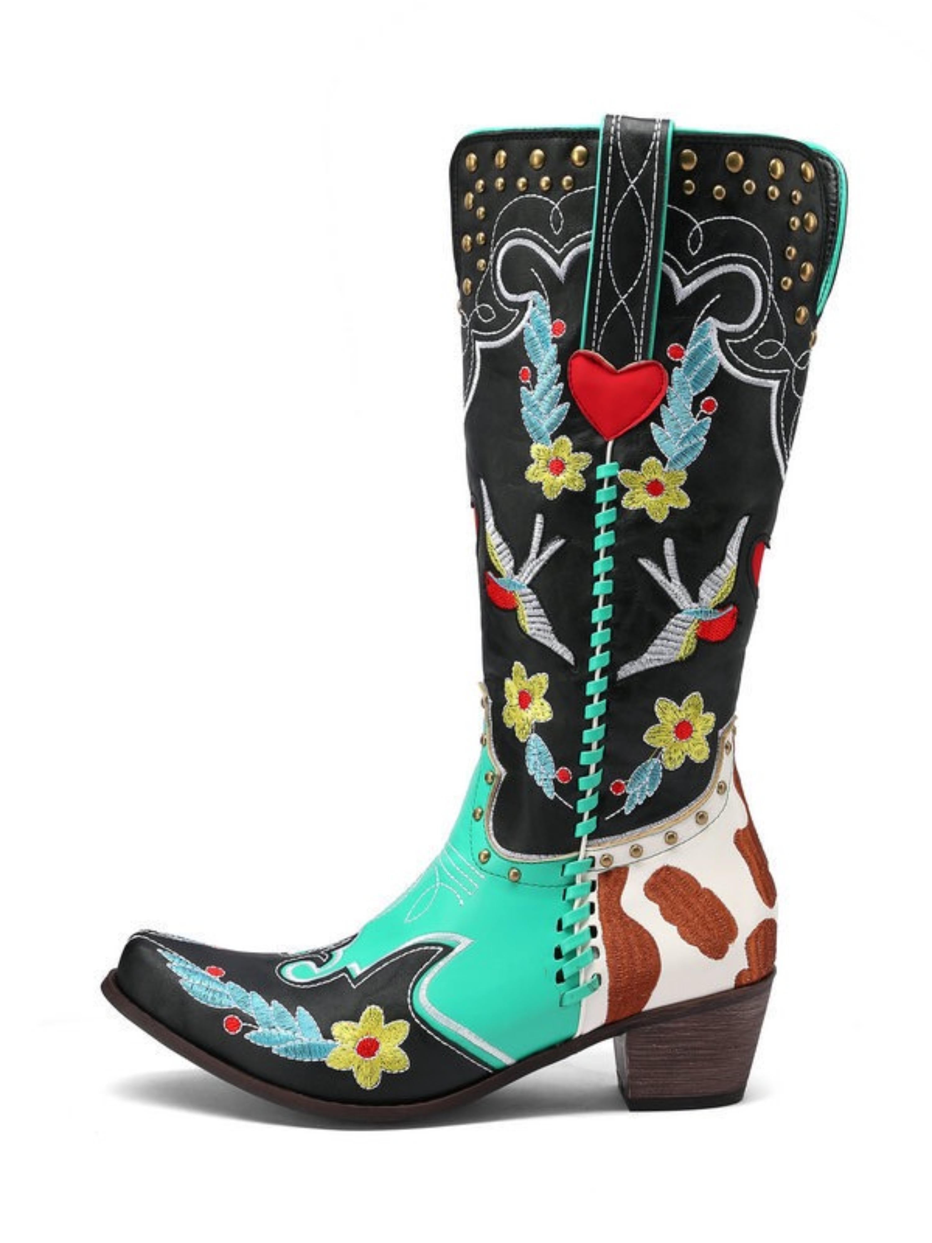 Bird and Flower Colorful Mid Calf Cowgirl Boots Snip Toe