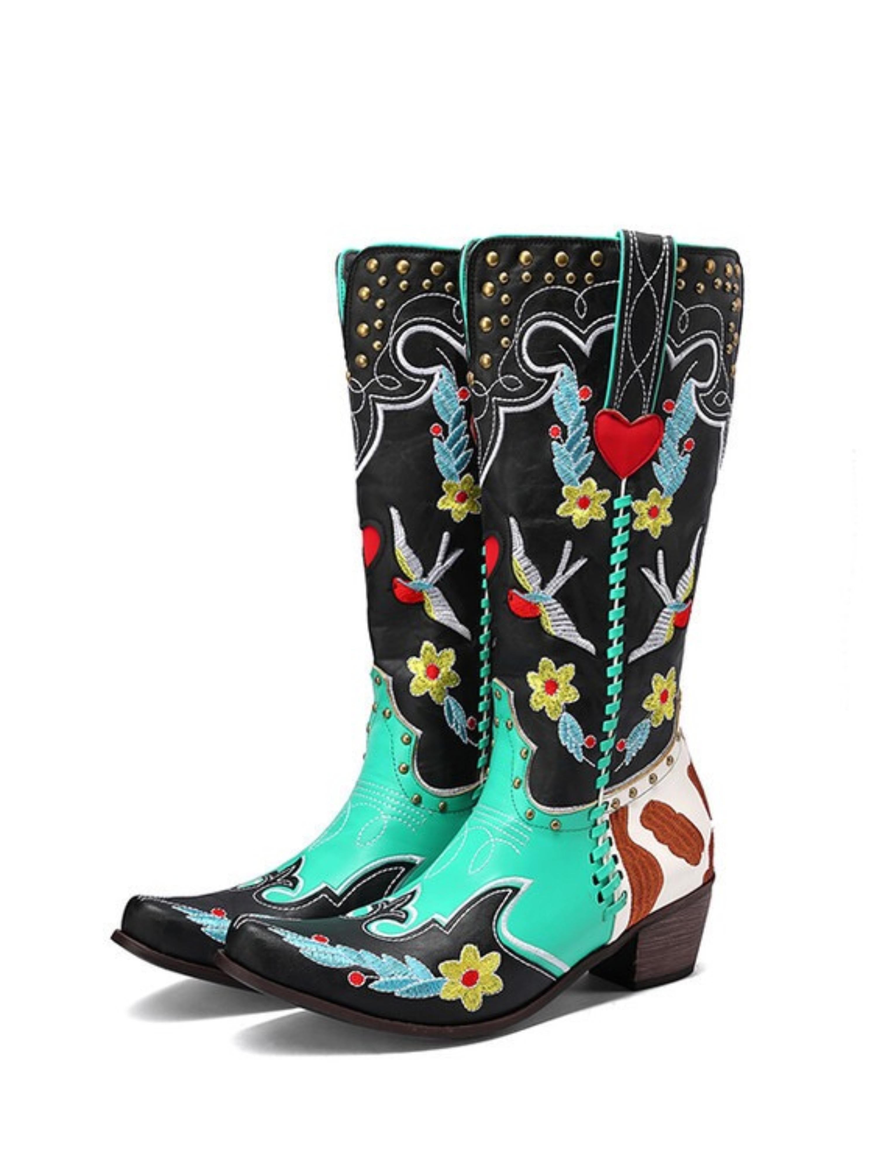 Bird and Flower Colorful Mid Calf Cowgirl Boots Snip Toe