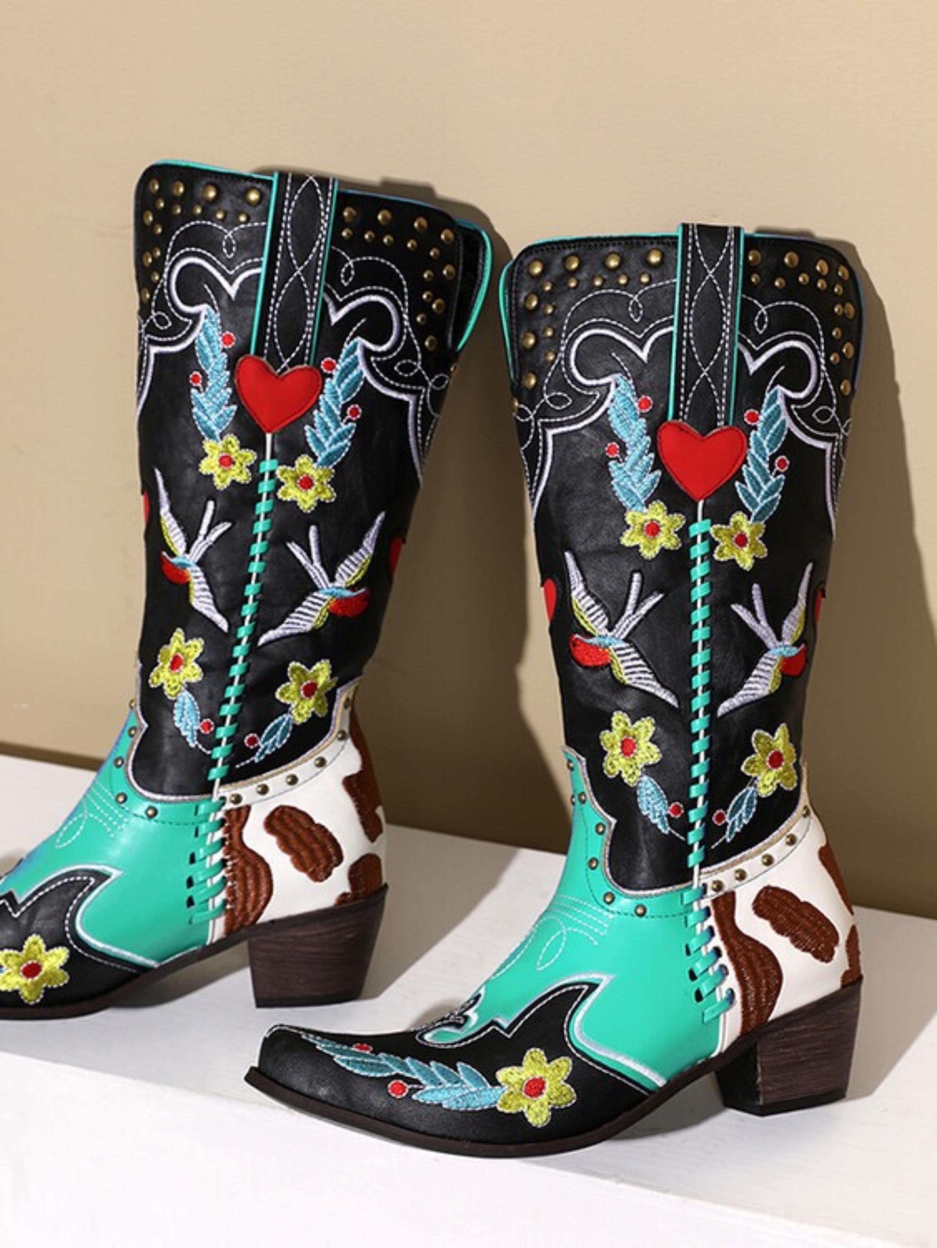 Bird and Flower Colorful Mid Calf Cowgirl Boots Snip Toe