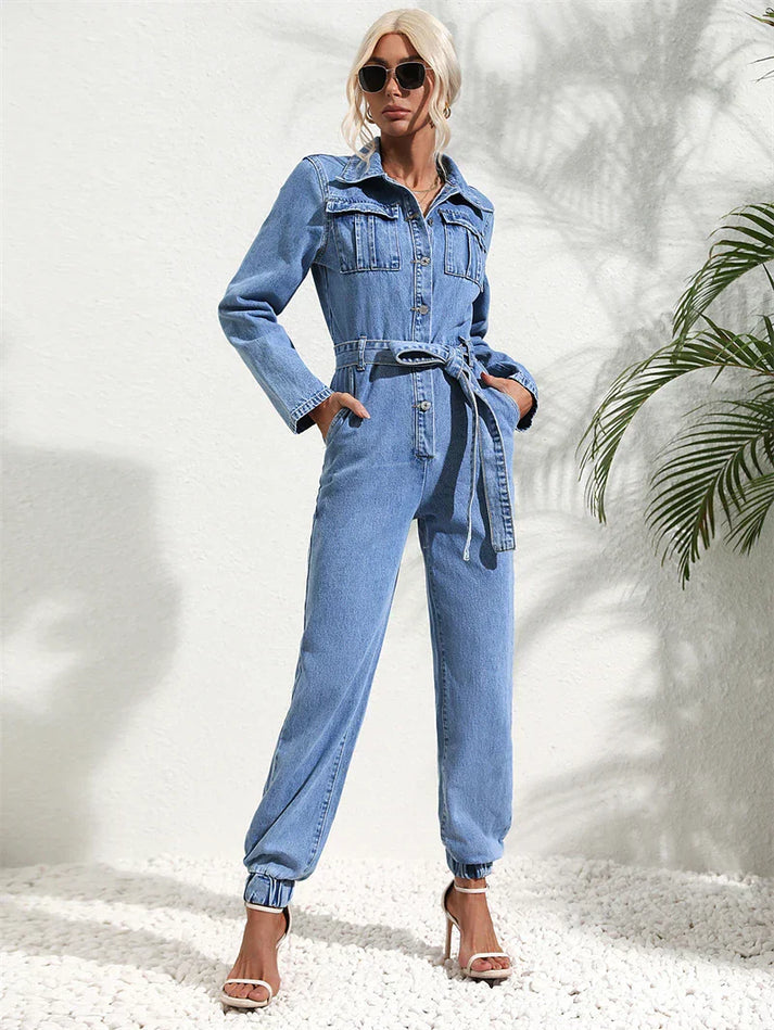 Women's Casual Denim Jumpsuit with Belt