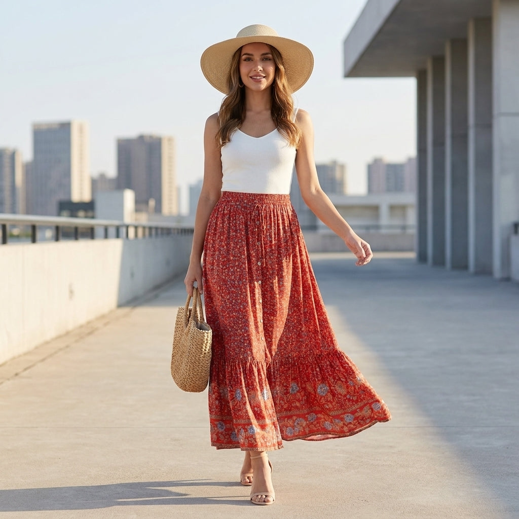Tiered Boho Floral Maxi Skirt with Ruffle Hem