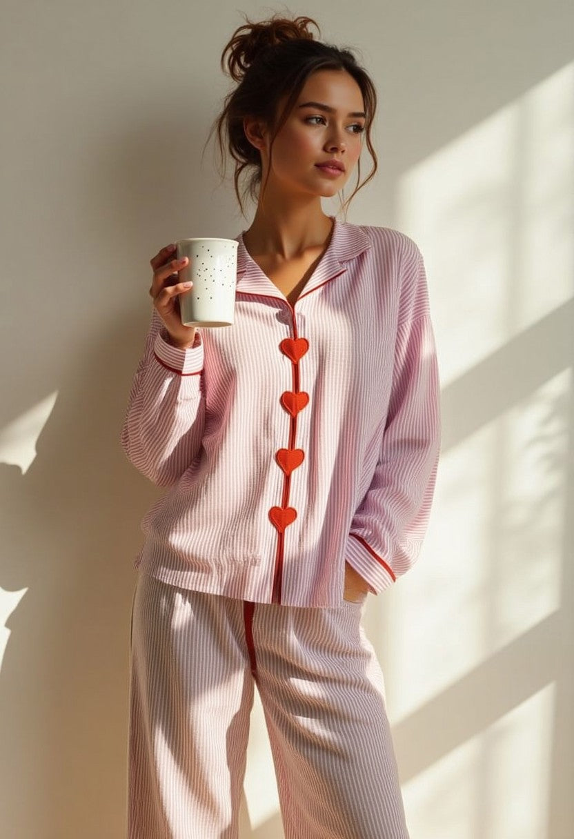 Women's Two-Piece Heart Button Pajama Set