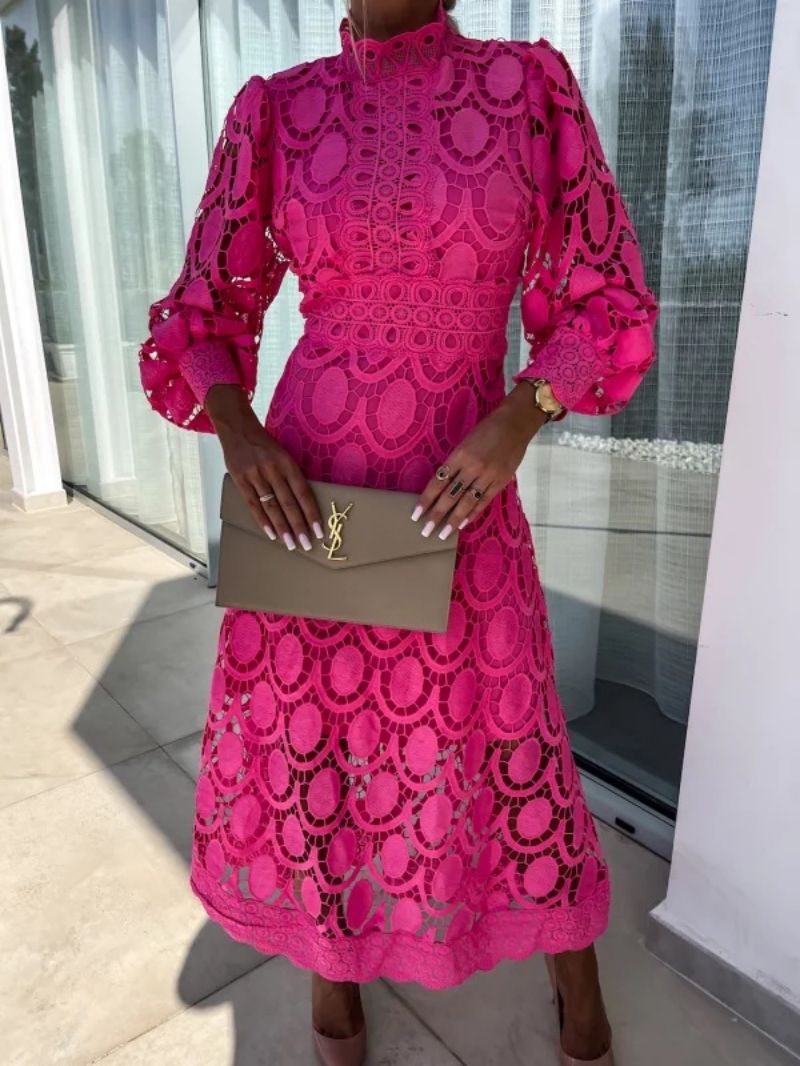 High Neck Lace Midi Dress With Puffed Sleeves
