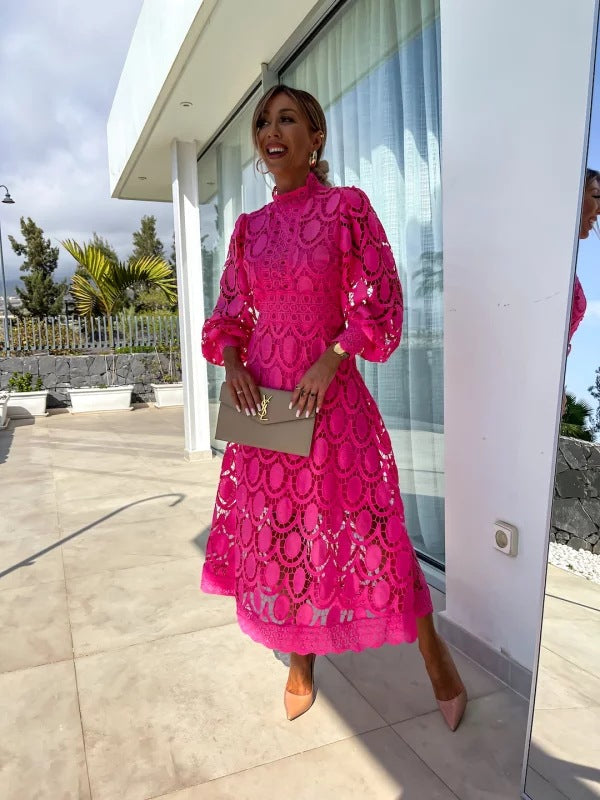High Neck Lace Midi Dress With Puffed Sleeves