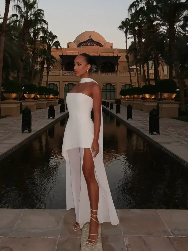 Strapless High-Slit Maxi Dress With Sheer Overlay