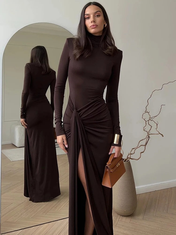 High Neck Ruched Maxi Dress With Thigh Slit