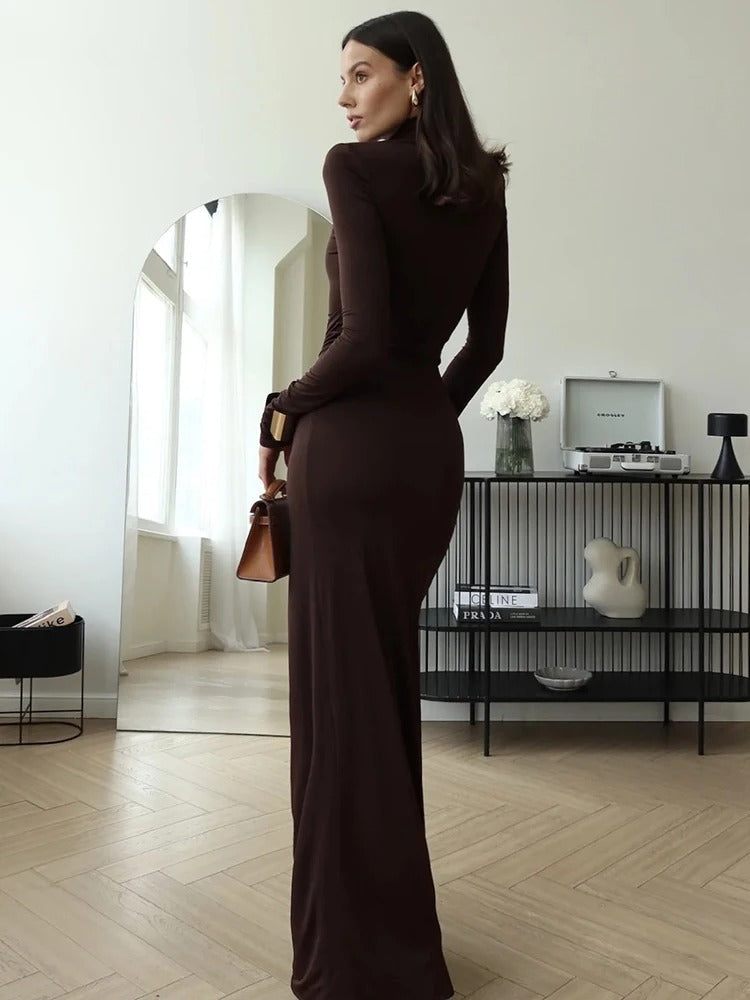 High Neck Ruched Maxi Dress With Thigh Slit