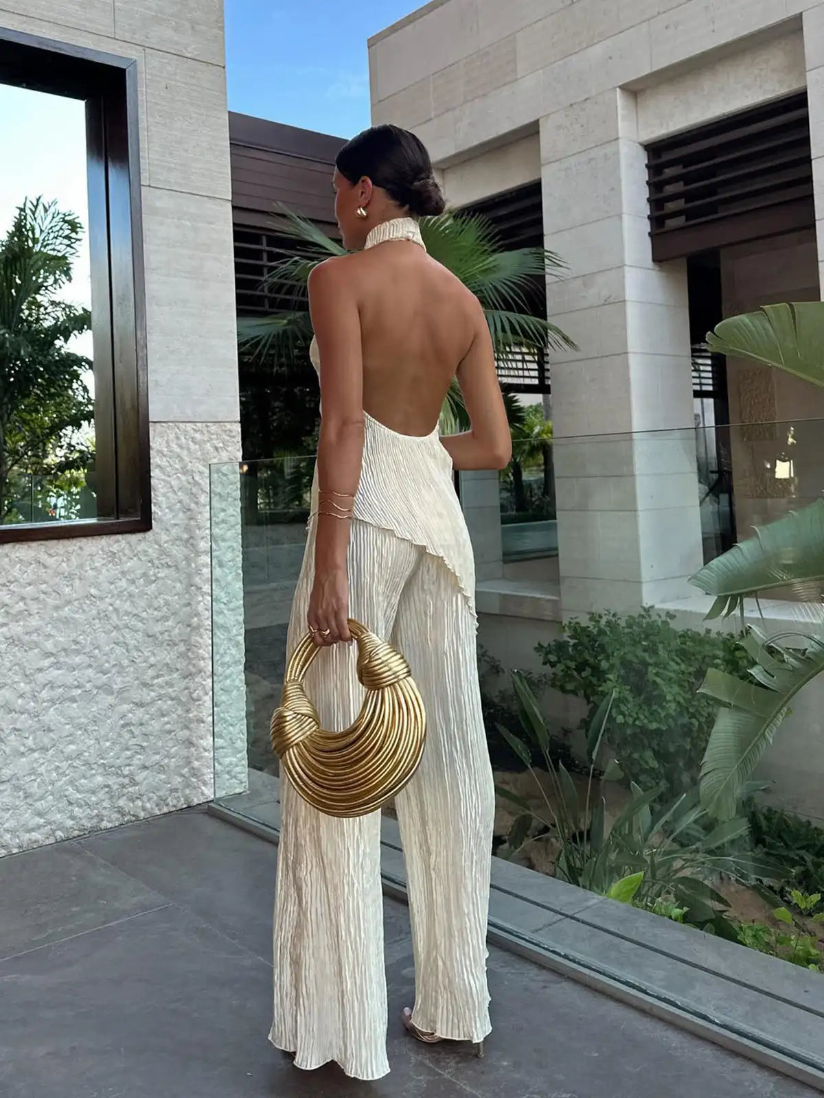 Halter Neck Pleated Wide-Leg Two-Piece Set