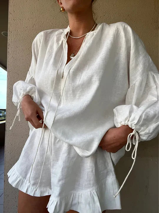 Cotton Ruffle Shorts Lounge Set With Tie Sleeves