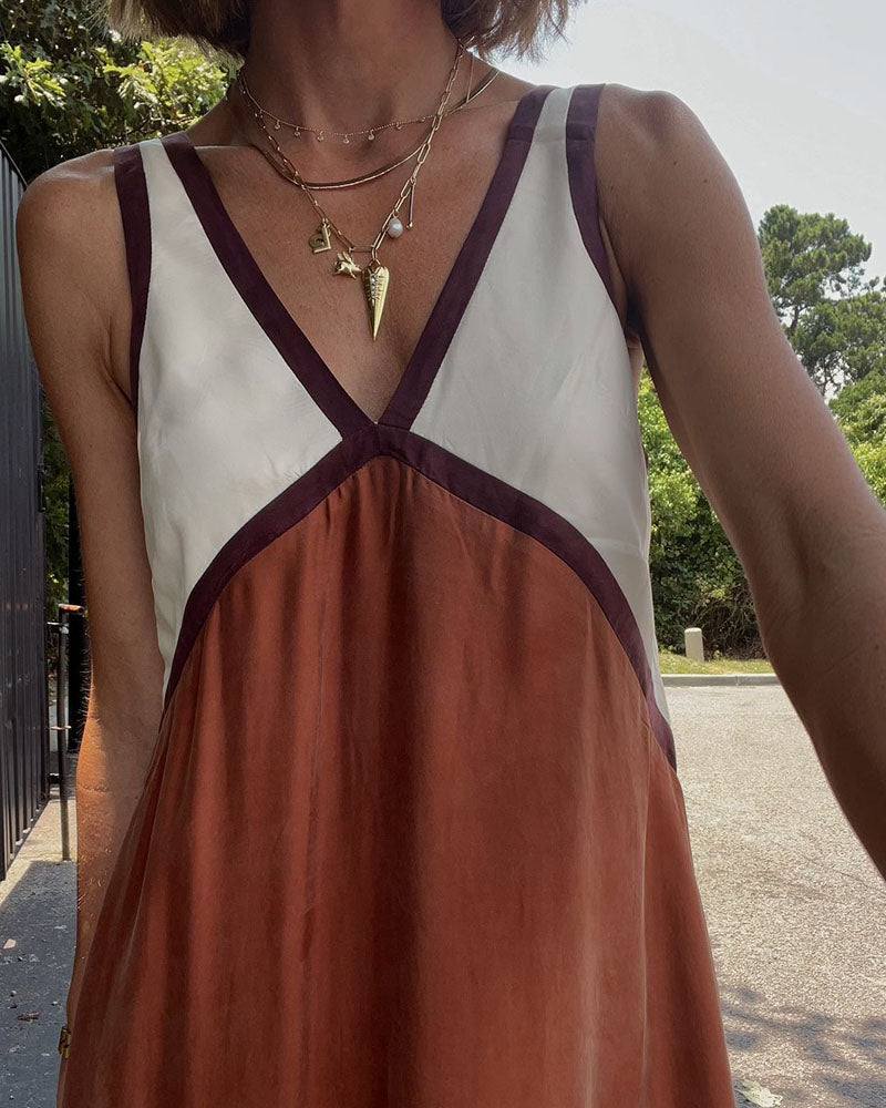 V-Neck Contrast Color Block Maxi Dress