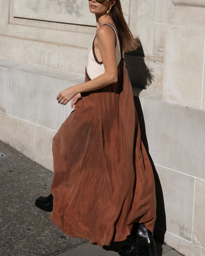 V-Neck Contrast Color Block Maxi Dress