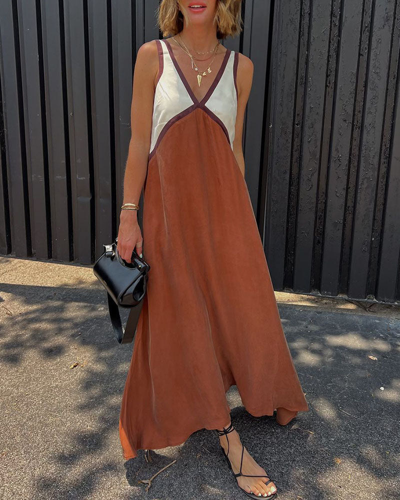 V-Neck Contrast Color Block Maxi Dress