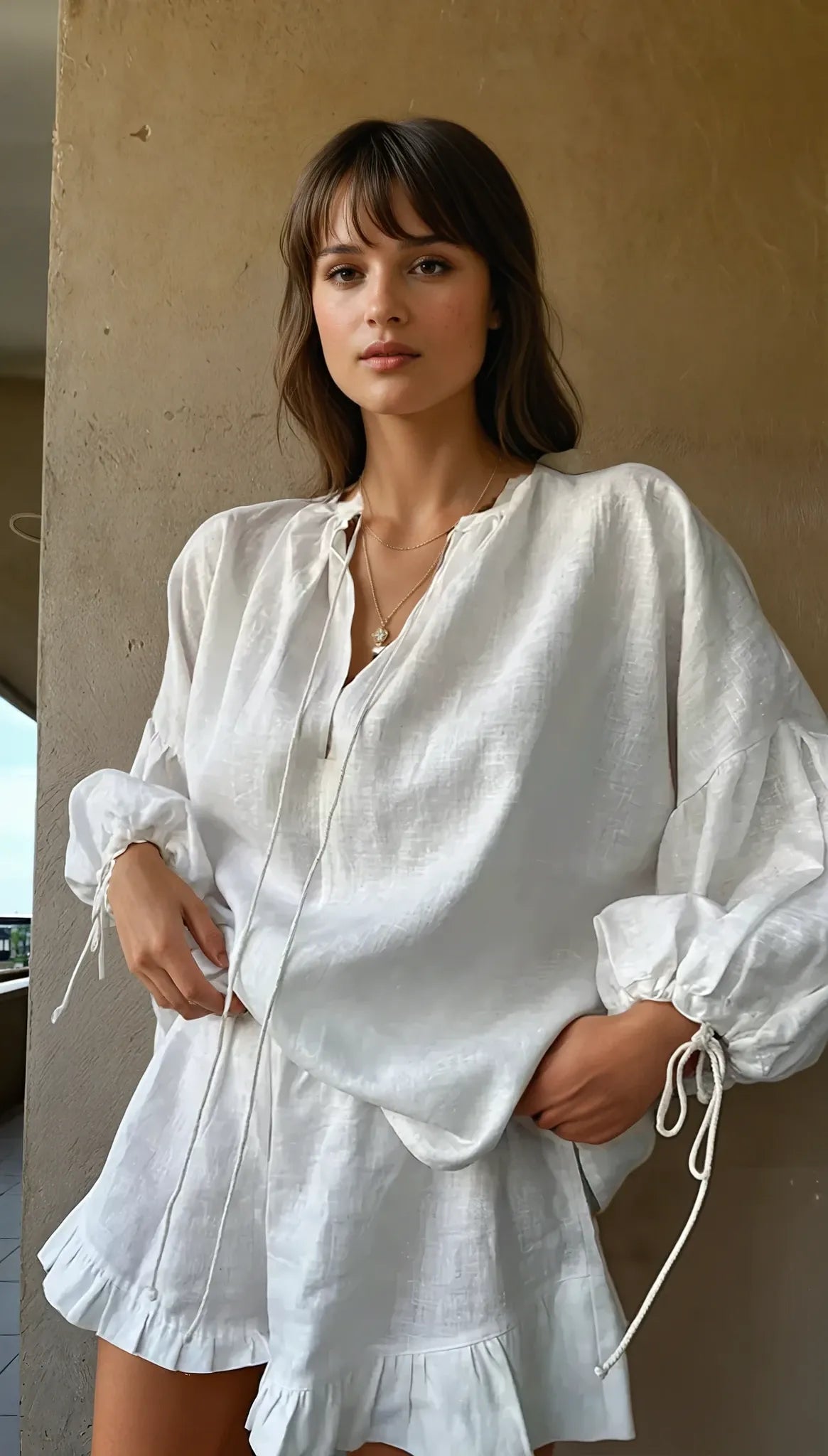 Cotton Ruffle Shorts Lounge Set With Tie Sleeves