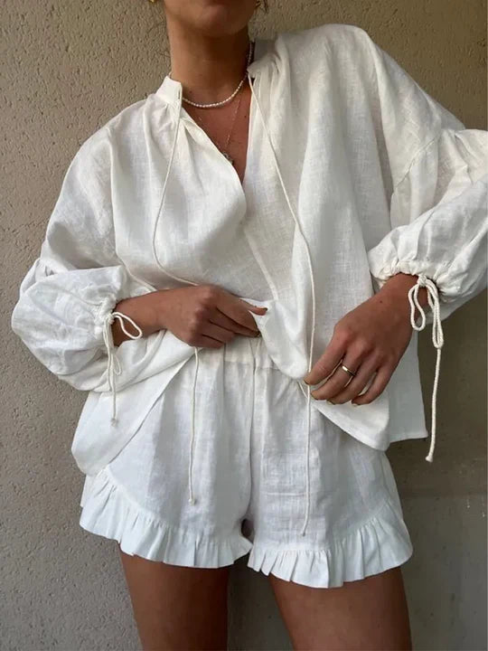 Cotton Ruffle Shorts Lounge Set With Tie Sleeves