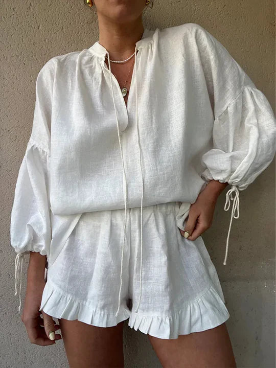 Cotton Ruffle Shorts Lounge Set With Tie Sleeves