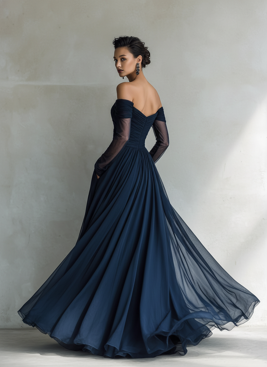 Off-Shoulder Fitted Chiffon Organza Maxi Dress