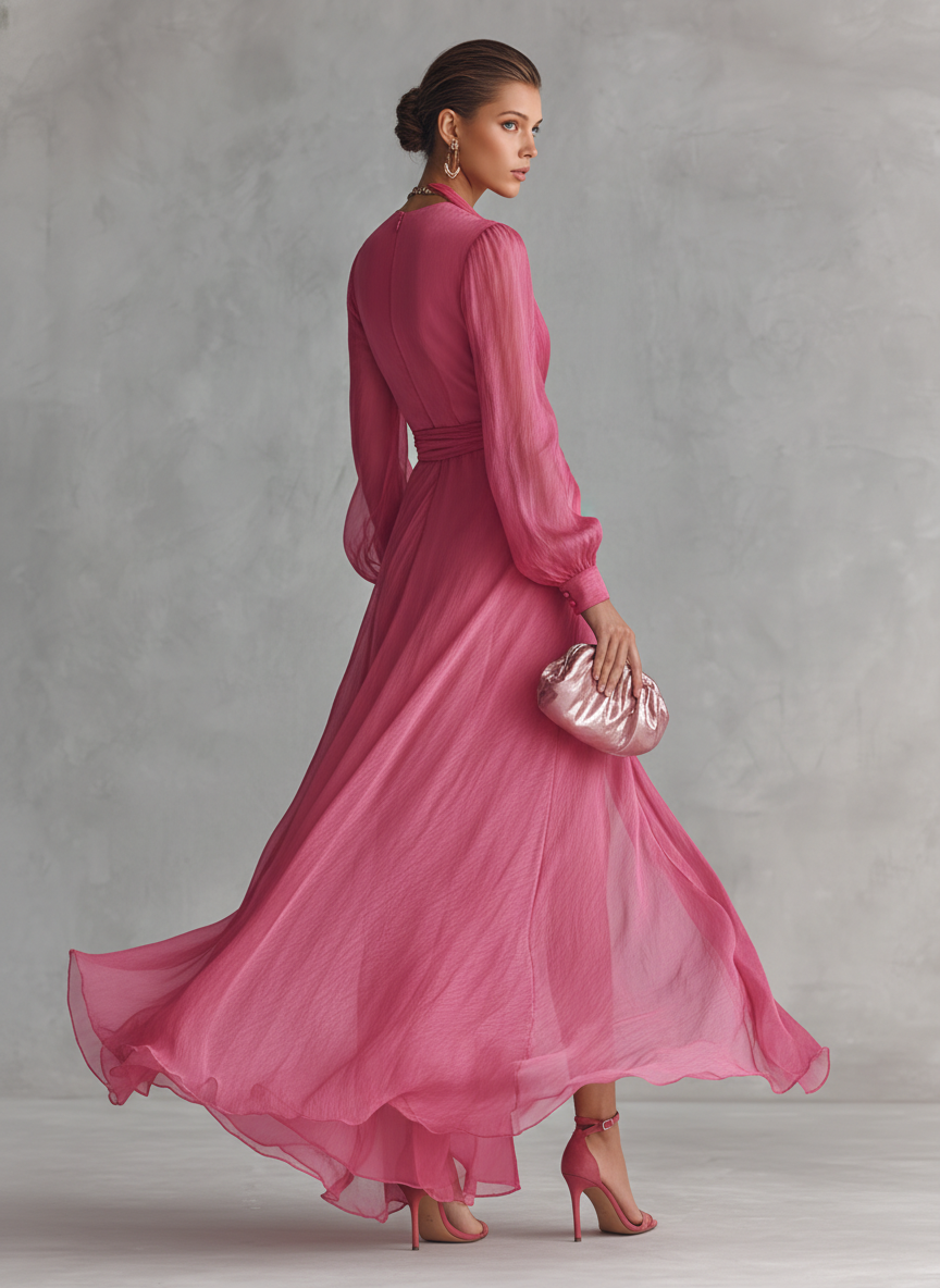 Pearl Chiffon V-Neck Tie-Waist Maxi Dress